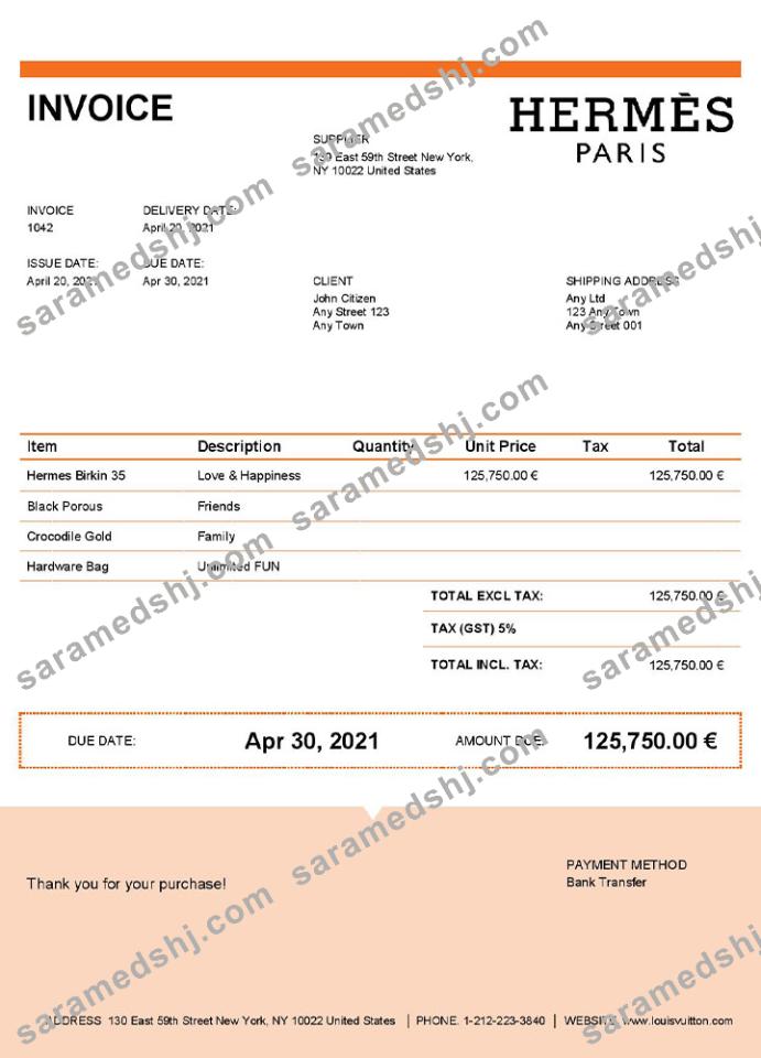 USA Hermes invoice template